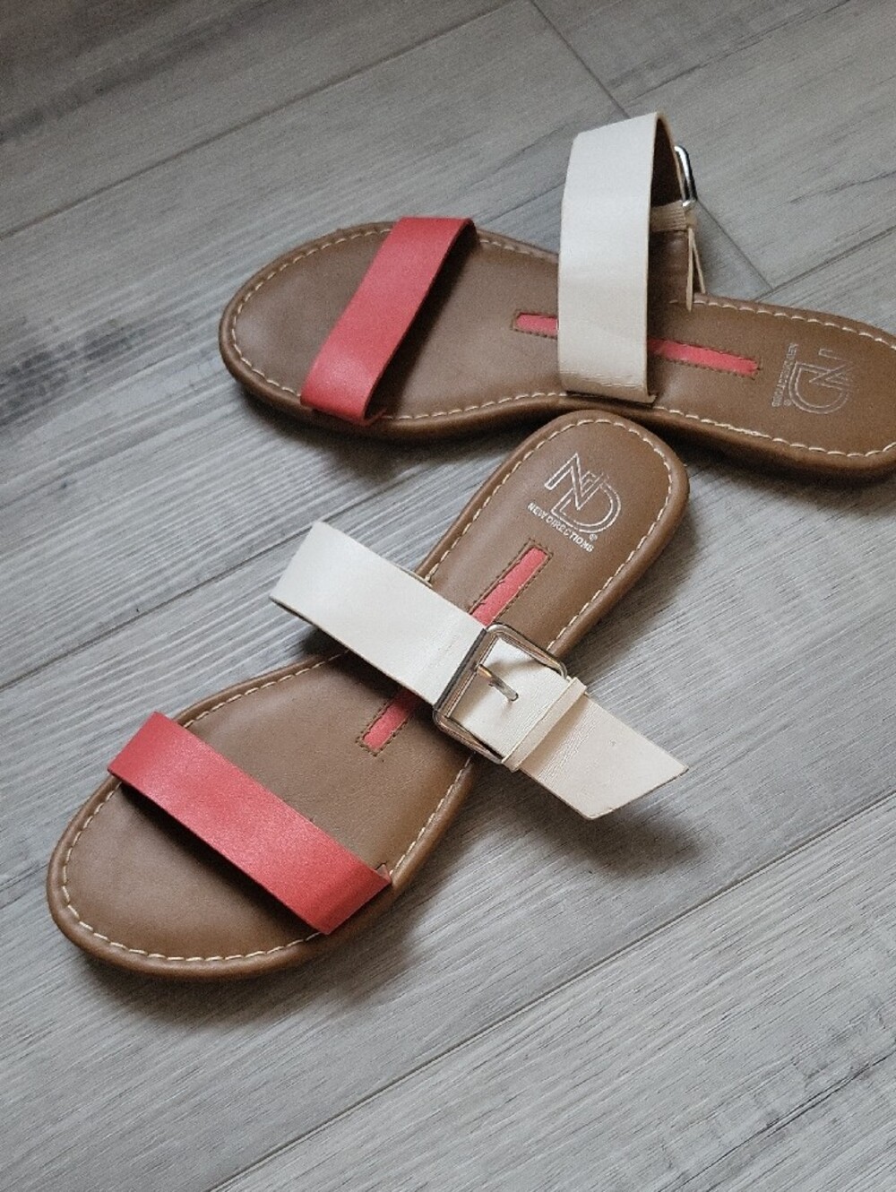 new directions Two-Tone Slide Sandals in Coral and Cream